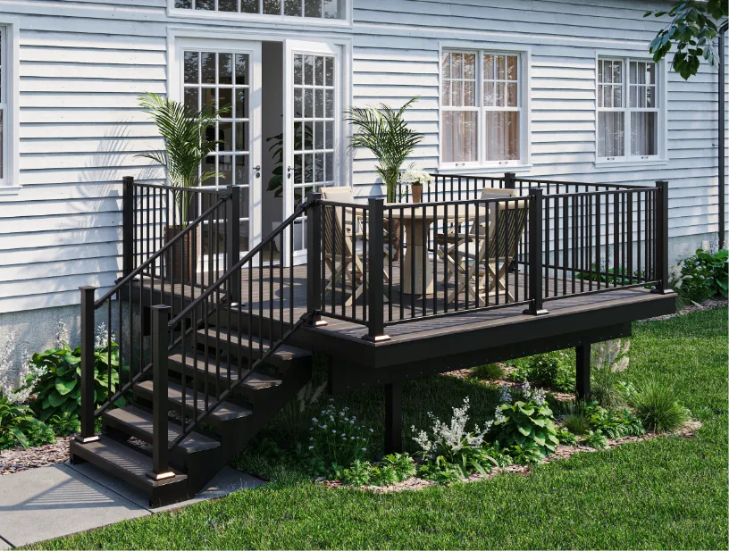 deck with long staircase