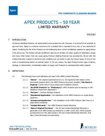 Apex® Cladding Board Warranty - Purchases After 11/21