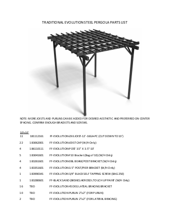 Traditional Evolution Steel Pergola Parts List