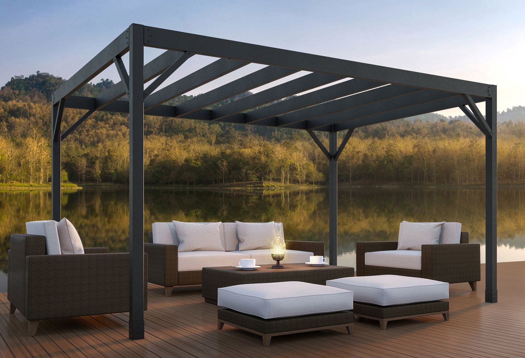 Steel pergola kit set up over a white outdoor furniture set next to a serene lake with trees in the background. 