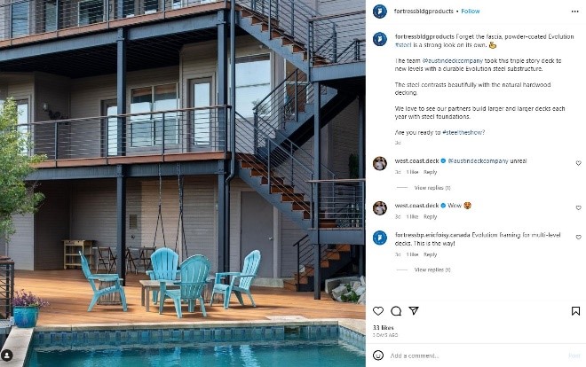 Screenshot of Instagram post featuring a tri-level deck to an outdoor entertainment area.