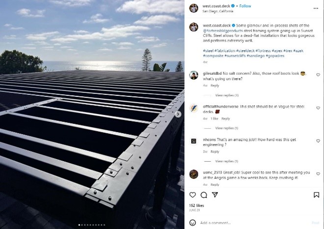 Screenshot of Fortress BP Instagram post featuring a large span of steel deck framing extending their outdoor space.