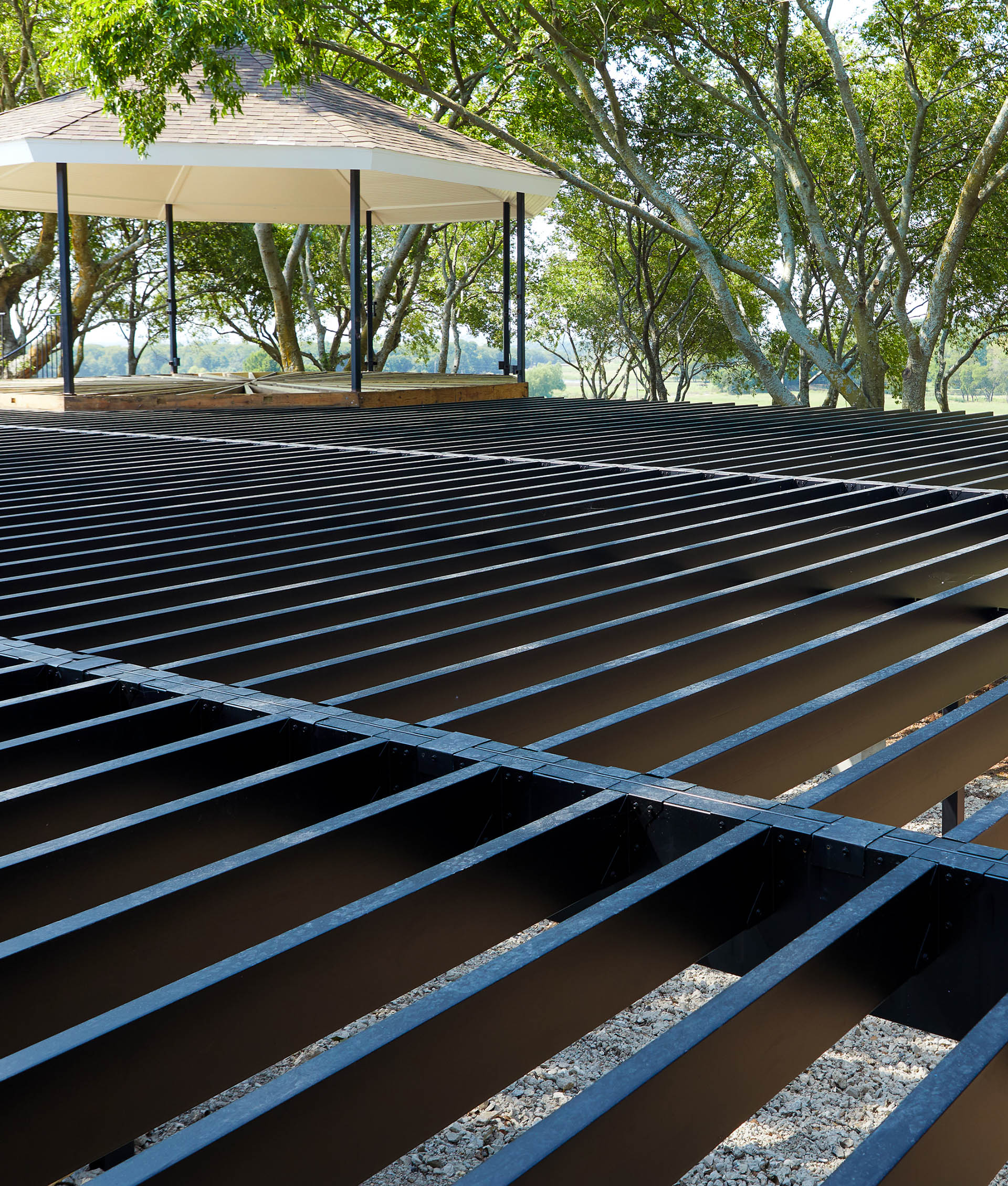 Wide-angle shot of completed steel deck framing.