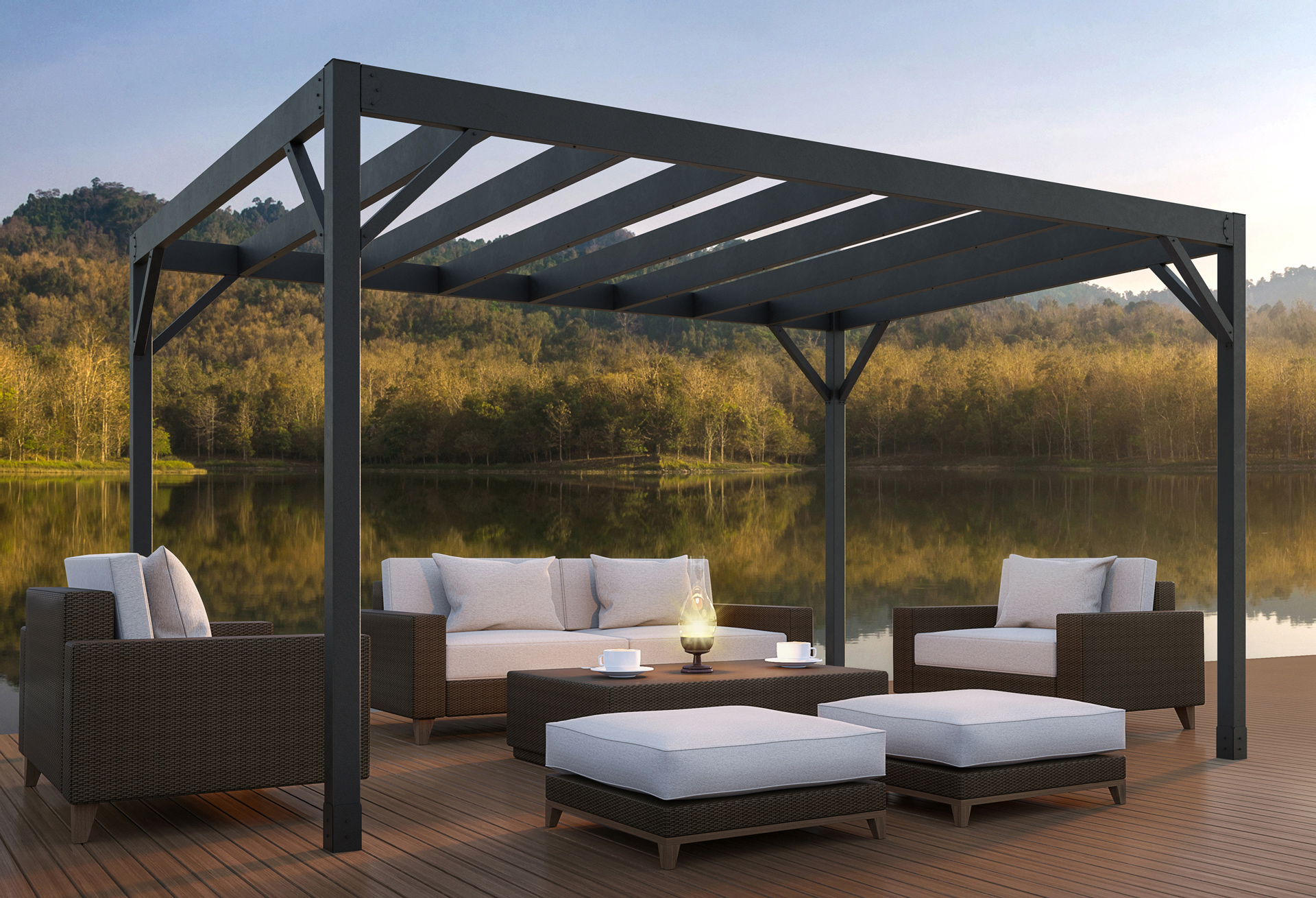 Steel pergola over white couches on a dock next to a serene lake with trees on the edges. 