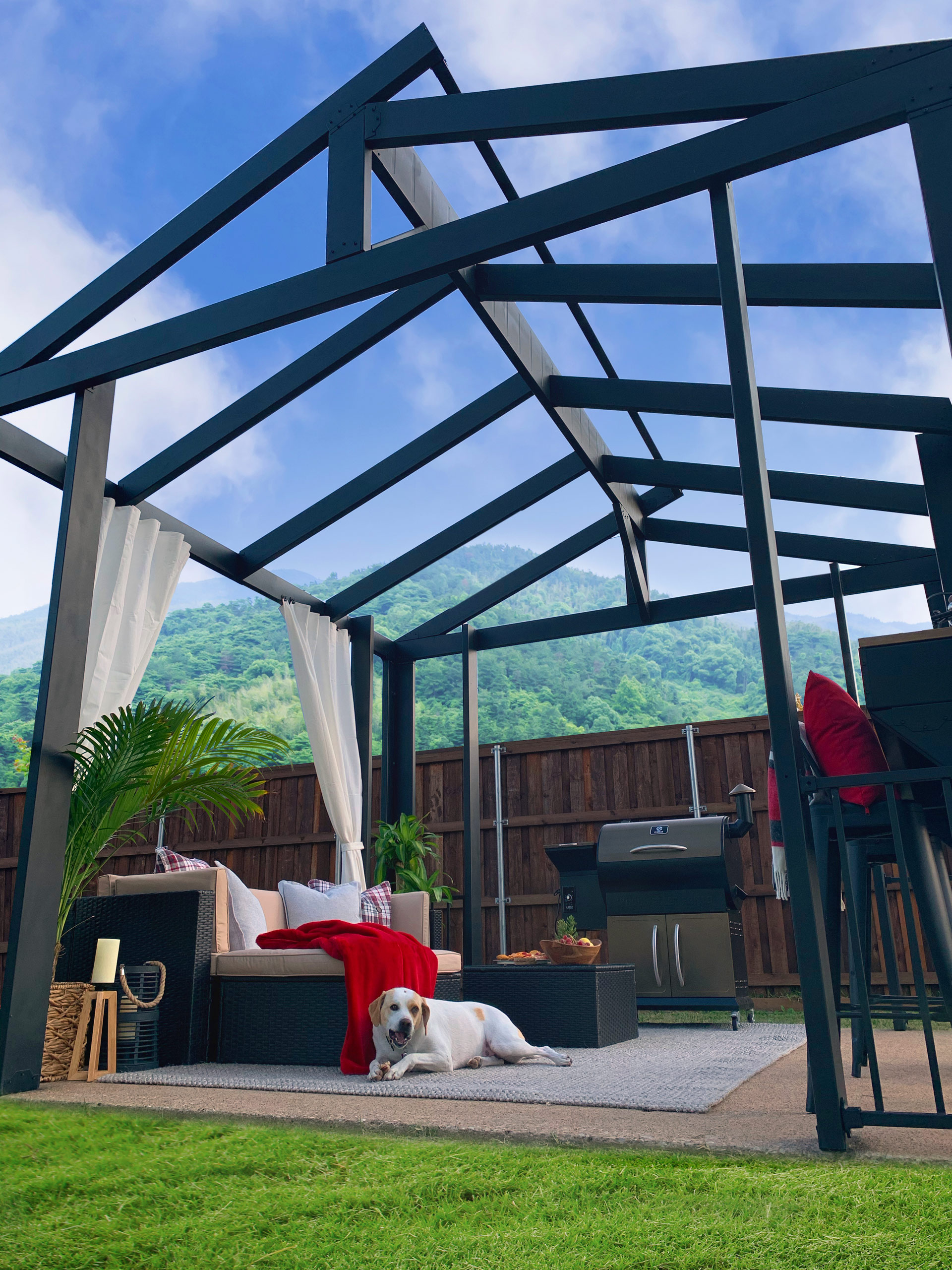 Steel pergola over an outdoor entertainment area with a dog relaxing on the rug in the shade and mountains in the background.