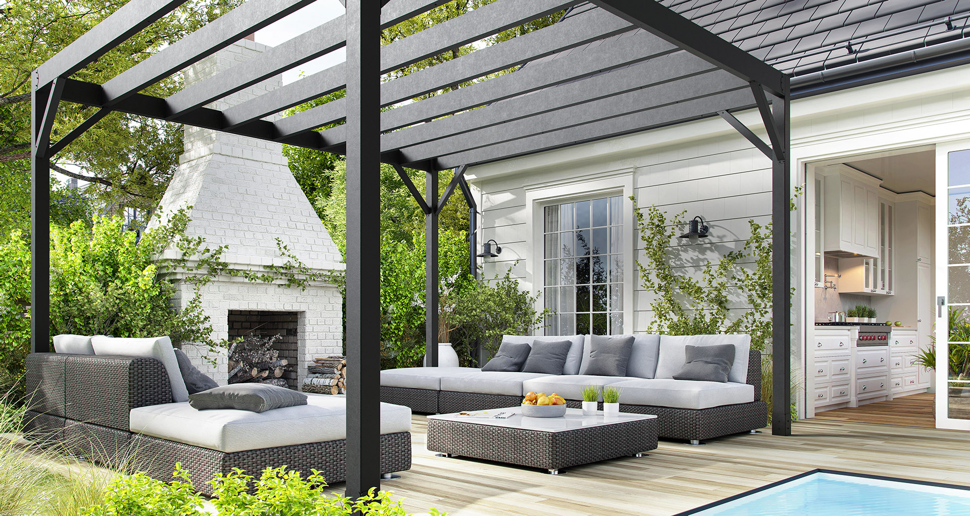 Backyard patio under a steel pergola next to a white brick outdoor fireplace.