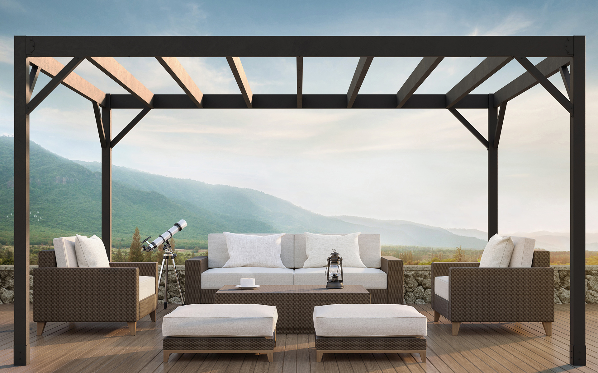 A fire-resistant pergola with stylish furniture on a wooden deck, showcasing a cozy outdoor living space.