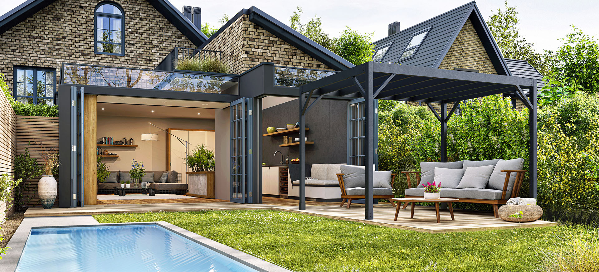 Backyard of house with metal pergola extending the outdoor living space next to a pool.