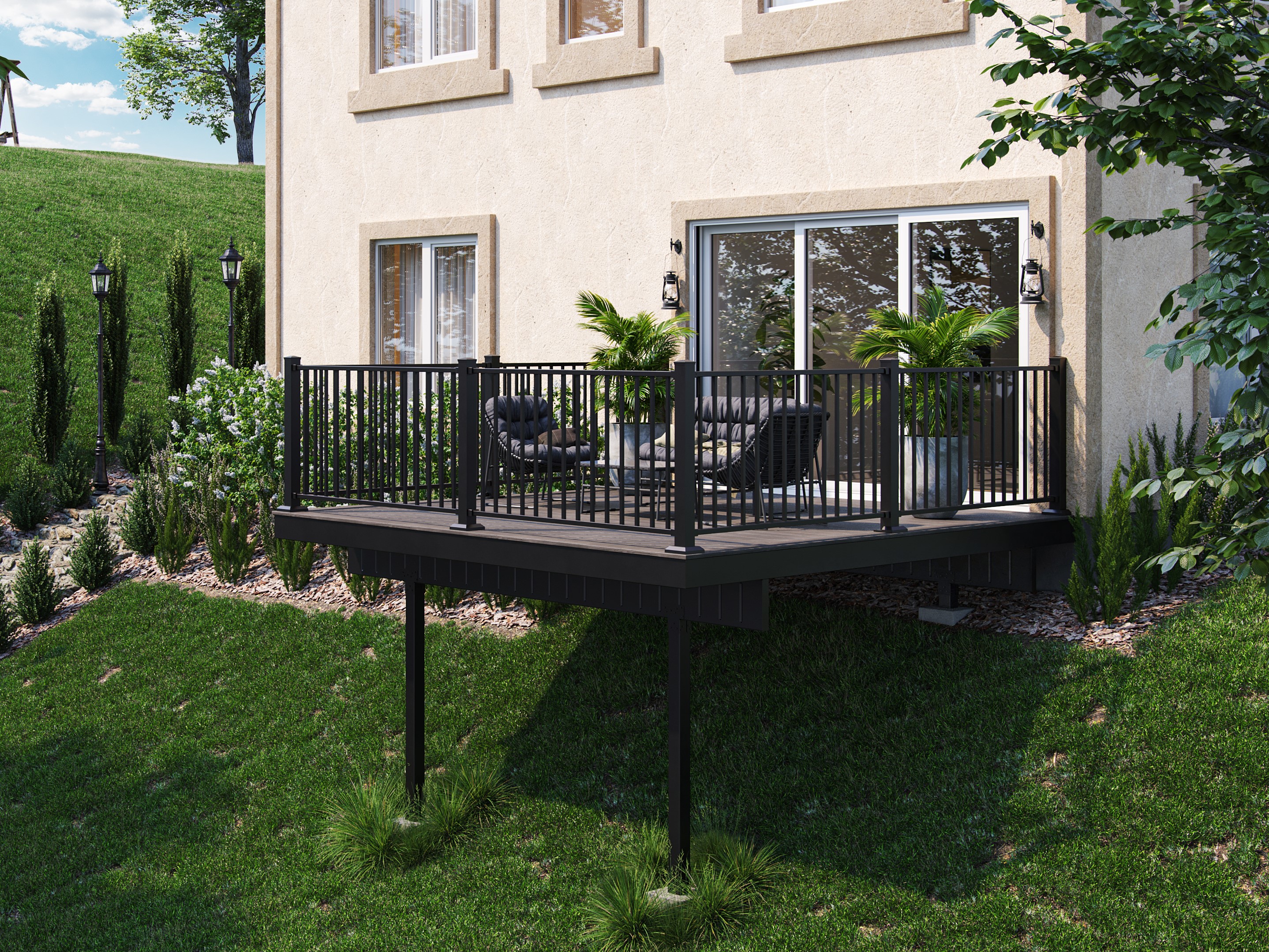 Ensemble de terrasse Fortress installé à l'arrière d'une maison havane avec un mobilier d'extérieur et des pots de plantes, créant un espace de vie extérieur.