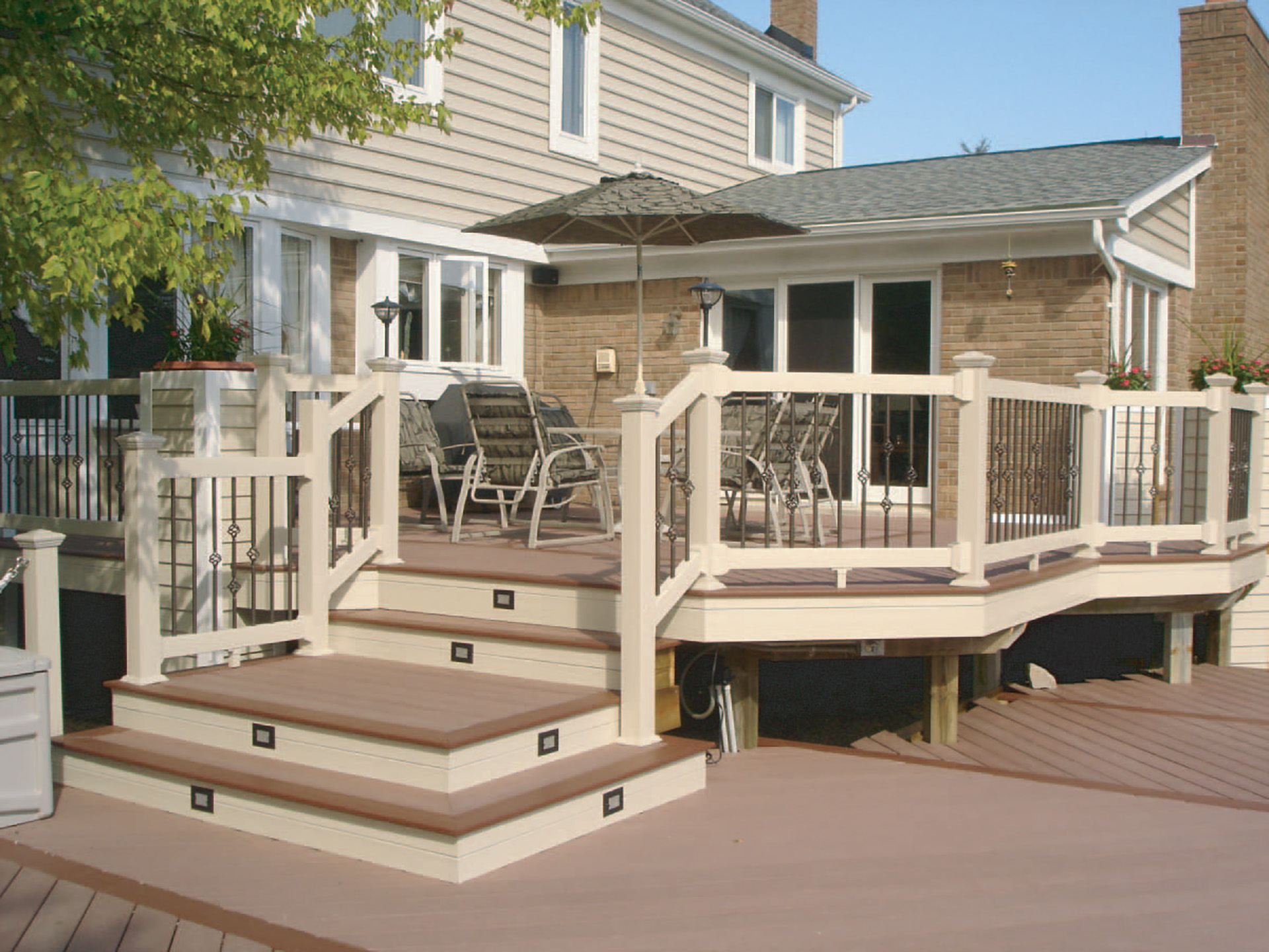 Multilevel composite deck with deck furniture