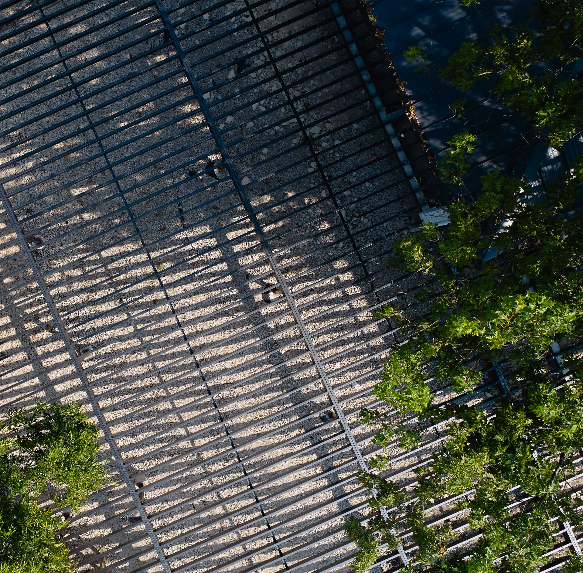 Top view of steel deck substructure with shadows and greenery.